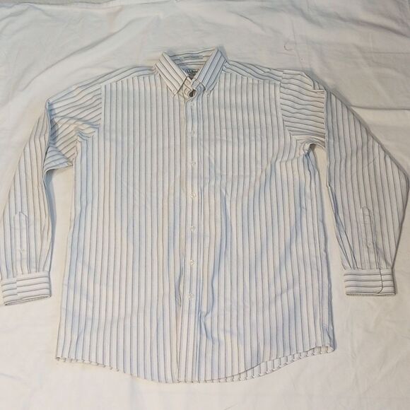 L. L. Bean Gray and White Striped Men's Button Down Cotton Shirt - Picture 1 of 5